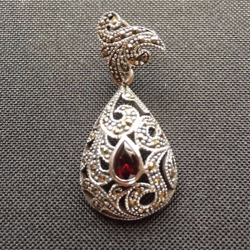 Sterling Silver Marcasite Pendant w/ Garnet Stone